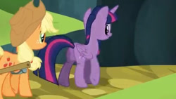 Size: 469x264 | Tagged: safe, imported from derpibooru, screencap, applejack, twilight sparkle, alicorn, earth pony, pony, duo, duo female, female, my little pony, trade ya!, twilight sparkle (alicorn), twilight sparkle's genital censorship