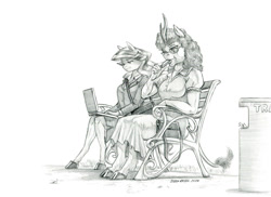 Size: 1280x932 | Tagged: safe, artist:baron engel, imported from derpibooru, oc, oc only, oc:grandma coal, anthro, earth pony, kirin, bench, black and white, cloven hooves, computer, female, food, glasses, grayscale, laptop computer, monochrome, park, park bench, pencil drawing, popsicle, purse, simple background, story included, traditional art, trash can, white background