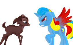 Size: 1920x1200 | Tagged: safe, artist:puzzlshield2, imported from derpibooru, oc, oc:puzzle shield, alicorn, deer, pony, 3d, alicorn oc, argument, bambi 2, crossover, disney, duo, horn, mmd, png, ronno (bambi), simple background, transparent background, wings