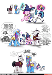 Size: 3168x4558 | Tagged: safe, artist:caninecrypt, artist:lummh, imported from derpibooru, adagio dazzle, aria blaze, chancellor neighsay, princess cadance, shining armor, sonata dusk, star swirl the bearded, oc, alicorn, pony, siren, unicorn, comic:the princess of love, clothes, comic, cosplay, costume, doll, emanata, female, horn, levitation, magic, male, mare, royal guard, speech bubble, stallion, teen princess cadance, teenage shining armor, teenager, telekinesis, the dazzlings, toy, younger