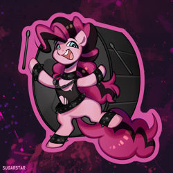 Size: 850x850 | Tagged: safe, artist:sugarstar, imported from derpibooru, pinkie pie, earth pony, pony, chains, clothes, collar, drums, drumsticks, goth, musical instrument, open mouth, open smile, smiling, solo