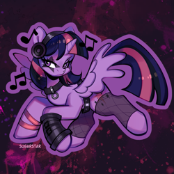 Size: 905x905 | Tagged: safe, artist:sugarstar, imported from derpibooru, twilight sparkle, alicorn, pony, collar, female, goth, headphones, horn, mare, note, solo, spread wings, twilight sparkle (alicorn), wings