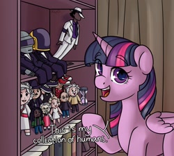 Size: 3000x2700 | Tagged: safe, artist:xwosya, imported from derpibooru, twilight sparkle, alicorn, human, albert einstein, bob marley, book, bookshelf, charlie chaplin, collection, colonel sanders, daft punk, figure, hourglass, kfc, looking at you, marilyn monroe, michael jackson, queen elizabeth ii, raised hoof, shelf, solo, steve jobs, twilight sparkle (alicorn)