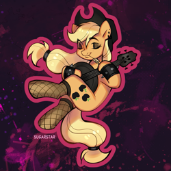 Size: 905x905 | Tagged: safe, artist:sugarstar, imported from derpibooru, applejack, earth pony, pony, banjo, clothes, ear piercing, eyes closed, eyeshadow, fishnet clothing, fishnets, goth, hat, makeup, musical instrument, piercing, playing instrument, socks, solo, stockings, thigh highs