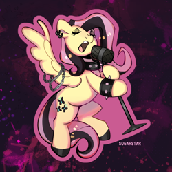 Size: 880x880 | Tagged: safe, artist:sugarstar, imported from derpibooru, fluttershy, pegasus, pony, chains, choker, collar, ear piercing, emoshy, eyes closed, eyeshadow, female, fluttergoth, goth, makeup, microphone, open mouth, piercing, singing, solo, spiked choker, spiked wristband, spread wings, wings, wristband