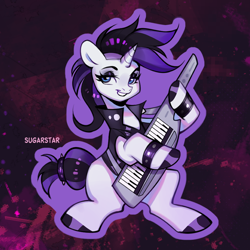 Size: 800x800 | Tagged: safe, artist:sugarstar, imported from derpibooru, rarity, pony, unicorn, clothes, eyeshadow, goth, horn, keytar, makeup, musical instrument, smiling, solo