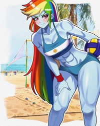 Size: 1024x1280 | Tagged: safe, artist:masterdestroyzj, imported from derpibooru, rainbow dash, human, equestria girls, 2d, abs, argentina, beach, bikini, blushing, breasts, cleavage, clothes, determined, determined look, female, flag bikini, multicolored hair, muscles, muscular female, ocean, outdoors, palm tree, rainbow hair, rainbuff dash, sand, shorts, sleeveless, smiling, solo, sports, sports bra, sports shorts, swimsuit, tree, volleyball, water, wristband