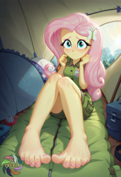 Size: 2496x3648 | Tagged: safe, imported from derpibooru, fluttershy, human, equestria girls, ai content, ai generated, breasts, camping, clothes, feet, female, generator:civitai, prompter:trux23, shy, solo, toes