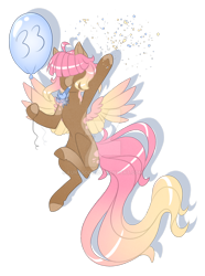 Size: 1024x1379 | Tagged: safe, artist:furtoodie, imported from derpibooru, oc, oc:sundae morning, pegasus, pony, balloon, belly, concave belly, deviantart watermark, female, mare, obtrusive watermark, party horn, solo, thin, watermark