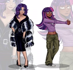 Size: 2200x2100 | Tagged: safe, artist:slapearl, imported from derpibooru, rarity, twilight sparkle, human, alternate hairstyle, belly, belly button, belt, bracelet, clothes, converse, dark skin, dress, duo, duo female, ear piercing, earring, eyeshadow, female, fur coat, glasses, gloves, high heels, humanized, jewelry, lesbian, makeup, midriff, pants, piercing, rarilight, shipping, shirt, shoes