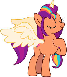 Size: 1210x1400 | Tagged: safe, artist:rogan140, imported from derpibooru, sunny starscout, alicorn, pony, eyes closed, female, g5, g5 to g4, generation leap, mane stripe sunny, mare, race swap, simple background, smiling, sunnycorn, transparent background