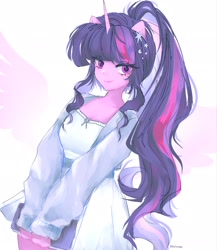 Size: 1776x2048 | Tagged: safe, artist:petaltwinkle, imported from derpibooru, twilight sparkle, anthro, clothes, horn, horned anthro, looking at you, ponytail, winged anthro, wings