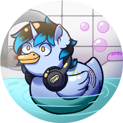 Size: 636x636 | Tagged: safe, artist:morrigun, imported from derpibooru, oc, oc only, oc:palette beat, bird, duck, pony, unicorn, bathtub, blue coat, commission, headphones, horn, male, orange eyes, signature, soap, solo, stallion, tap, ych result, your character here, your charecter here