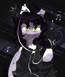 Size: 2550x3000 | Tagged: safe, artist:pakmur, imported from derpibooru, oc, oc only, bat pony, pony, abstract background, clothes, crying, headphones, hoodie, looking away, music, solo