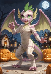 Size: 800x1160 | Tagged: safe, imported from derpibooru, spike, dragon, semi-anthro, undead, ai content, ai generated, bipedal, clothes, costume, dragon wings, generator:pony diffusion v6 xl, generator:stable diffusion, halloween, halloween costume, holiday, jack-o-lantern, male, moon, mummy, mummy costume, older, older spike, outdoors, prompter:gregorymars, pumpkin, solo, standing, teenage spike, teenaged dragon, teenager, wings