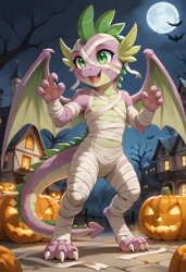 Size: 800x1169 | Tagged: safe, imported from derpibooru, spike, dragon, semi-anthro, undead, ai content, ai generated, bipedal, clothes, costume, dragon wings, generator:pony diffusion v6 xl, generator:stable diffusion, halloween, halloween costume, holiday, jack-o-lantern, male, moon, mummy, mummy costume, older, older spike, outdoors, prompter:gregorymars, pumpkin, solo, standing, teenage spike, teenaged dragon, teenager, wings