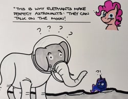 Size: 2047x1578 | Tagged: safe, artist:hoofclid, imported from derpibooru, pinkie pie, princess luna, alicorn, earth pony, elephant, pony, exclamation point, interrobang, looking at you, marker drawing, moon, question mark, smiling, smiling at you, spacesuit, traditional art