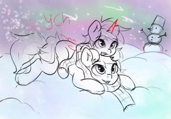 Size: 1280x889 | Tagged: safe, artist:kristina, imported from derpibooru, oc, alicorn, earth pony, pegasus, pony, unicorn, commission, couple, duo, horn, hug, snow, ych example, your character here