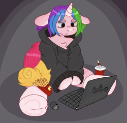 Size: 1564x1514 | Tagged: safe, artist:omnia, imported from derpibooru, oc, oc:rainy shine, clothes, computer, female, hoodie, laptop computer, mare, solo