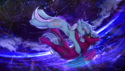 Size: 4096x2328 | Tagged: safe, artist:rena, imported from derpibooru, lyra heartstrings, oc, oc:razzmatazz gleam, hybrid, pegasus, pony, unicorn, canon x oc, duo, falling, female, freefall, horn, lesbian, night, pegabat, shipping, space, unshorn fetlocks