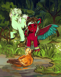 Size: 1755x2200 | Tagged: safe, artist:kotvosne, imported from derpibooru, lyra heartstrings, oc, oc:razzmatazz gleam, bird, duck, hybrid, pony, unicorn, canon x oc, duo, female, forest, horn, mare, nature, pegabat, pond, shipping, tree, water