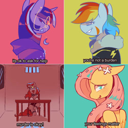 Size: 828x828 | Tagged: safe, artist:piesinful, imported from derpibooru, fluttershy, pinkie pie, rainbow dash, twilight sparkle, earth pony, pegasus, pony, unicorn, comic:unlucky day, fanfic:cupcakes, female, flower, flower in hair, glasses, horn, one of these things is not like the others, scar, unicorn twilight