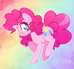 Size: 1500x1400 | Tagged: safe, artist:vivian reed, imported from derpibooru, pinkie pie, earth pony, pony, female, grin, heart, heart eyes, looking at you, mare, no pupils, outline, rainbow background, smiling, smiling at you, solo, standing on two hooves, white outline, wingding eyes