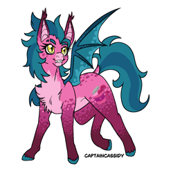 Size: 1300x1300 | Tagged: safe, artist:captaincassidy, imported from derpibooru, oc, oc only, oc:raspberry jam, bat pony, bat pony oc, bat wings, ear tufts, eyebrow slit, eyebrows, hooves, nonbinary oc, pink coat, simple background, splotches, spots, spotted, teal mane, transparent background, wings, yellow eyes