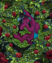 Size: 2082x2480 | Tagged: safe, alternate version, artist:glumarkoj, imported from derpibooru, oc, oc only, oc:razzmatazz gleam, hybrid, pony, female, flower, mare, pegabat, rose, sleeping, solo