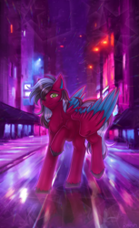 Size: 1536x2508 | Tagged: safe, artist:rena, imported from derpibooru, oc, oc only, oc:razzmatazz gleam, hybrid, pony, city, female, mare, neon, pegabat, solo