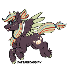 Size: 1300x1300 | Tagged: safe, artist:captaincassidy, imported from derpibooru, oc, oc only, oc:pepperjack, pegasus, :d, blue eyes, brown coat, butt freckles, cheese, chest fluff, colored wings, feathered ears, feathered fetlocks, feathered wings, female, flying, food, freckles, multicolored wings, open mouth, open smile, pegasus oc, ponytail, simple background, smiling, solo, speckled, striped mane, transparent background, wings