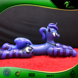 Size: 750x750 | Tagged: safe, imported from derpibooru, princess luna, inflatable pony, pony, unicorn, bootleg, clothes, facing right, female, frame, hongyi, horn, inflatable, inflatable unicorn, inflation valve, irl, lying down, mare, opaque inflatable, peytral, photo, ponytail, prone, race swap, socks, solo, striped socks, unicorn luna