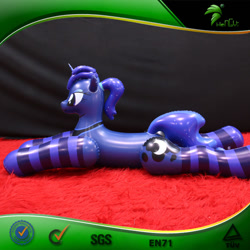 Size: 750x750 | Tagged: safe, imported from derpibooru, princess luna, inflatable pony, pony, unicorn, bootleg, clothes, facing left, female, frame, hongyi, horn, inflatable, inflatable unicorn, inflation valve, irl, lying down, mare, opaque inflatable, peytral, photo, ponytail, prone, race swap, socks, solo, striped socks, unicorn luna