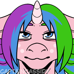 Size: 400x400 | Tagged: safe, artist:captaincassidy, imported from derpibooru, oc, oc only, oc:rainy shine, unicorn, bags under eyes, blue eyes, character:gluttonace, floppy ears, freckles, horn, icon, looking at you, multicolored mane, narrowed eyes, pink coat, simple background, transparent background, unicorn oc