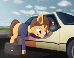 Size: 2136x1683 | Tagged: safe, artist:caralowhigh, imported from derpibooru, oc, earth pony, pony, better call saul, briefcase, car, cloud, day, lawyer, male, movie reference, saulgoodmare, shitbox, solo, stallion, suzuki, suzuki esteem, television