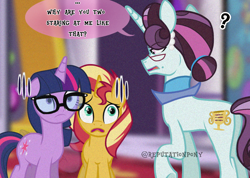 Size: 1152x821 | Tagged: safe, artist:tantann_7, imported from derpibooru, principal abacus cinch, sci-twi, sunset shimmer, twilight sparkle, pony, unicorn, equestria girls, confused, equestria girls ponified, female, glasses, horn, mare, nervous, ponified, shocked, speech bubble, text, unicorn abacus cinch, unicorn sci-twi