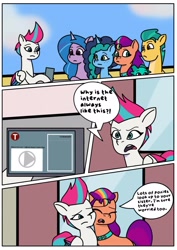 Size: 1131x1600 | Tagged: safe, artist:delilah1_riley, imported from derpibooru, hitch trailblazer, izzy moonbow, sunny starscout, zipp storm, dragon, earth pony, pegasus, pony, unicorn, comic:pipp the poltergeist, fanfic:pipp the poltergeist, baby, baby dragon, cellphone, cheek squish, cheek to cheek, comic, commission, dialogue, fanfic art, female, g5, horn, implied pipp petals, indoors, internet, male, mane stripe sunny, mare, maretime bay, misty brightdawn, my little pony: tell your tale, nuzzling, outdoors, phone, smartphone, sparky sparkeroni, squishy cheeks, stallion, where'd it go