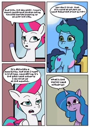 Size: 1131x1600 | Tagged: safe, artist:delilah1_riley, imported from derpibooru, izzy moonbow, zipp storm, pegasus, pony, unicorn, comic:pipp the poltergeist, fanfic:pipp the poltergeist, comic, commission, dialogue, fanfic art, female, g5, horn, implied pipp petals, indoors, mare, maretime bay, misty brightdawn, my little pony: tell your tale, outdoors, trio, trio female