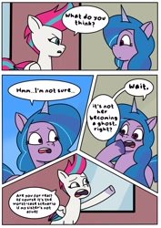 Size: 1131x1600 | Tagged: safe, artist:delilah1_riley, imported from derpibooru, izzy moonbow, zipp storm, pegasus, pony, unicorn, comic:pipp the poltergeist, fanfic:pipp the poltergeist, comic, commission, dialogue, duo, duo female, fanfic art, female, g5, horn, implied death, indoors, mare, my little pony: tell your tale, outdoors