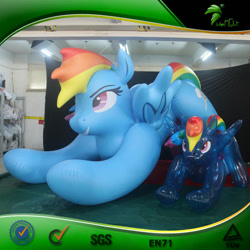 Size: 600x600 | Tagged: safe, imported from derpibooru, rainbow dash, inflatable pony, pegasus, pony, bootleg, duo, female, frame, hongyi, indoors, inflatable, inflatable pegasus, inflation valve, iwtcird, mare, meme, opaque inflatable, size difference, translucent inflatable