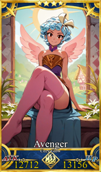 Size: 500x850 | Tagged: safe, alternate version, imported from derpibooru, cozy glow, human, ai content, ai generated, breasts, card, clothes, crossed legs, delicious flat chest, female, humanized, indoors, looking at you, older, older cozy glow, prompt in source, prompter:stoneifisaunt, smiling, smiling at you, socks, solo, spread wings, stockings, thigh highs, winged humanization, wings