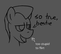 Size: 670x598 | Tagged: safe, artist:unitxxvii, imported from derpibooru, oc, oc only, earth pony, pony, bust, dialogue, gray background, grayscale, lidded eyes, male, monochrome, simple background, solo, stallion, text