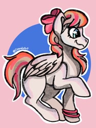 Size: 1080x1440 | Tagged: safe, artist:crandyart, imported from derpibooru, angel wings, pegasus, pony, bow, disability pride, female, folded wings, hair bow, mare, raised hoof, signature, smiling, tail, wings