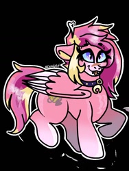 Size: 1080x1440 | Tagged: safe, artist:crandyart, imported from derpibooru, oc, oc only, pegasus, pony, collar, fangs, female, folded wings, mare, pegasus oc, raised hoof, raised leg, signature, smiling, solo, tail, tongue out, wings