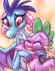 Size: 1560x2000 | Tagged: safe, artist:whitediamonds, imported from derpibooru, princess ember, spike, dragon, 2016, colored, cuddling, cute, duo, duo male and female, eyes closed, female, hug, looking at someone, male, simple background, sketch, smiling, spread wings, wings