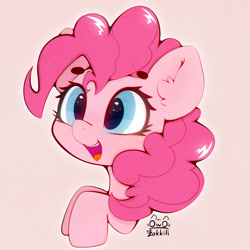 Size: 3000x3000 | Tagged: safe, artist:zokkili, imported from derpibooru, pinkie pie, earth pony, pony, beanbrows, ear fluff, eyebrows, eyebrows visible through hair, female, high res, mare, open mouth, open smile, signature, smiling, solo