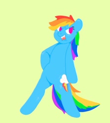 Size: 892x1000 | Tagged: safe, artist:weirdobr0ny, imported from derpibooru, rainbow dash, semi-anthro, no pupils, open mouth, simple background, solo, yellow background