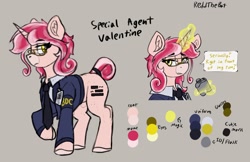 Size: 2050x1327 | Tagged: safe, artist:reddthebat, imported from derpibooru, oc, oc only, oc:agent valentine, pony, unicorn, clothes, coat markings, facial markings, female, flask, glasses, glowing, glowing horn, gray background, horn, levitation, lidded eyes, magic, mare, necktie, reference sheet, signature, simple background, snip (coat marking), solo, telekinesis