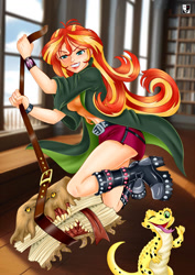 Size: 1000x1414 | Tagged: safe, artist:lord--opal, imported from derpibooru, ray, sunset shimmer, gecko, human, leopard gecko, equestria girls, ;p, belt, book, bookshelf, boots, cloak, clothes, crossover, grin, harry potter (series), harry potter and the prisoner of azkaban, human coloration, indoors, looking at you, looking down, monster book of monsters, one eye closed, open mouth, open smile, shirt, shoes, skirt, smiling, thumbs up, tongue out, tying, wink, winking at you, wristband