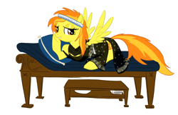 Size: 1000x645 | Tagged: safe, artist:anonymous, imported from derpibooru, spitfire, pegasus, bedroom eyes, black dress, clothes, drawthread, dress, female, girly, headband, looking at you, lying down, mare, on couch, pillow, requested art, simple background, solo, spread wings, white background, wingboner, wings